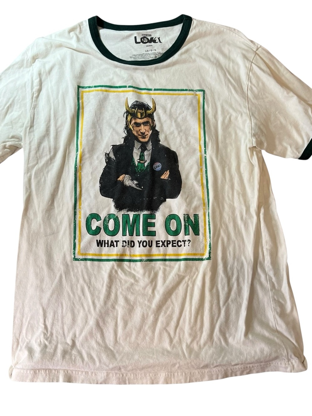 Loki Graphic Ringer T‑Shirt - White with Green Trim